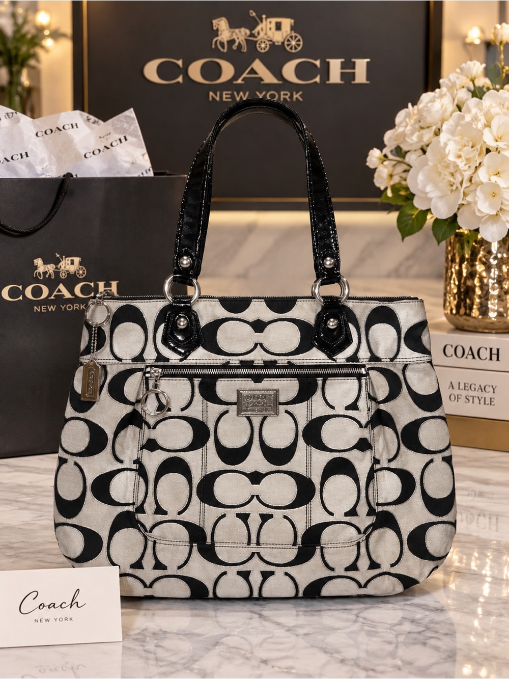 ✨ COACH Poppy Signature Lurex Metallic Glam Tote Black Grey 17890